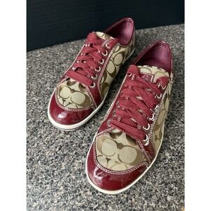 Coach Sneakers Women 9.5B Signature C Canvas Burgundy Patent Trim‎ Lace Up Shoes